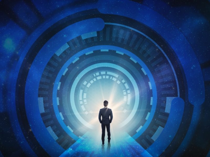 Back,View,Of,Businessman,Walking,And,Looking,At,Virtual,Pane